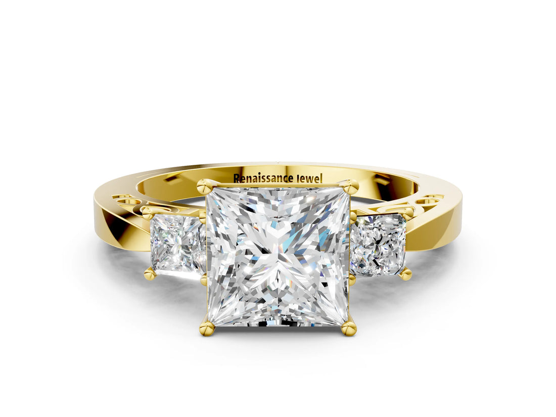 Yellow gold Three-Stone Princess Cut Diamond Cathedral Engagement Ring with Prong Setting_6