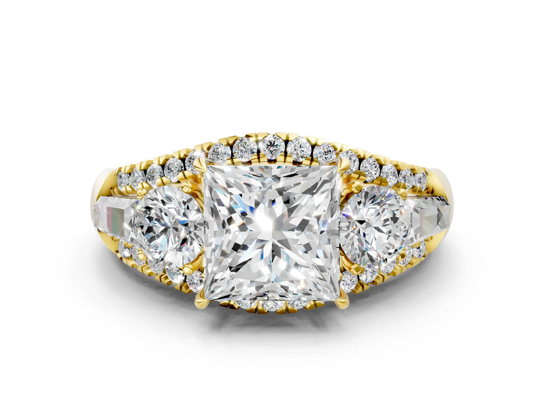 Yellow gold Three-Stone Princess Cut Diamond Engagement Ring with Pave Band and Prong Setting_2