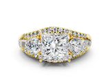 Yellow gold Three-Stone Princess Cut Diamond Engagement Ring with Pave Band and Prong Setting_2