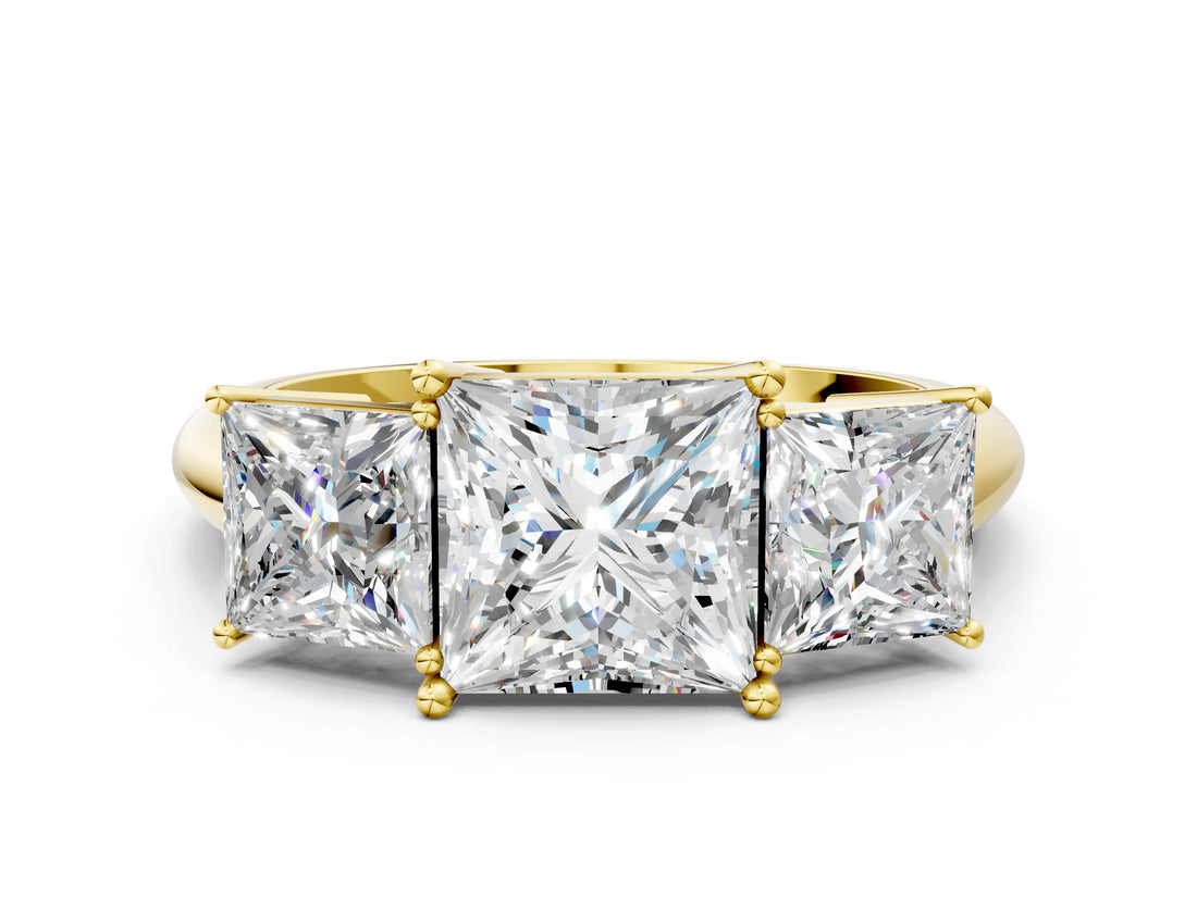 Yellow gold Three-Stone Princess Cut Diamond Engagement Ring with Prong Setting on a White Gold Band_30