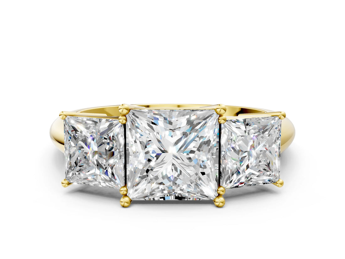 Yellow gold Three-Stone Princess Cut Diamond Engagement Ring with Prong Setting on a White Gold Band_6