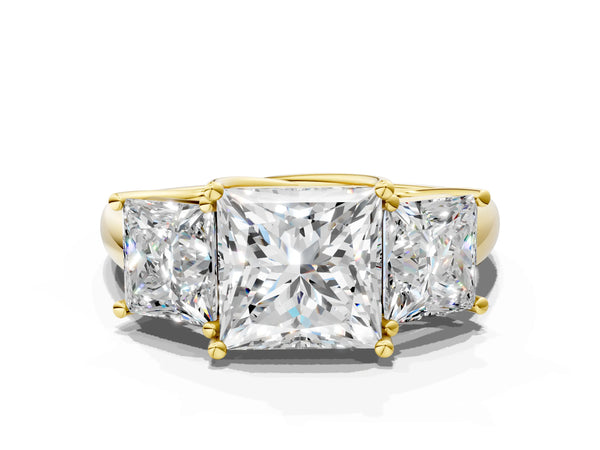 Yellow Gold Princess Cut Three Stone Engagement Ring Setting with Smaller Matching Sides