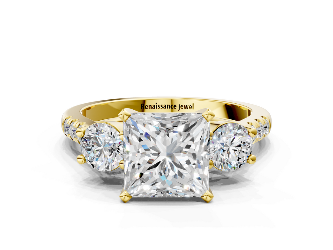 Yellow gold Three-Stone Princess Cut Diamond Pavé Band with Four-Prong Setting_37