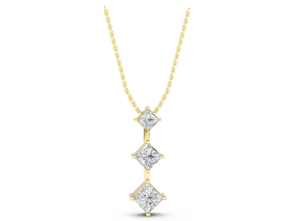 Yellow gold Three-Stone Princess Cut Diamond Pendant with Four-Prong Setting