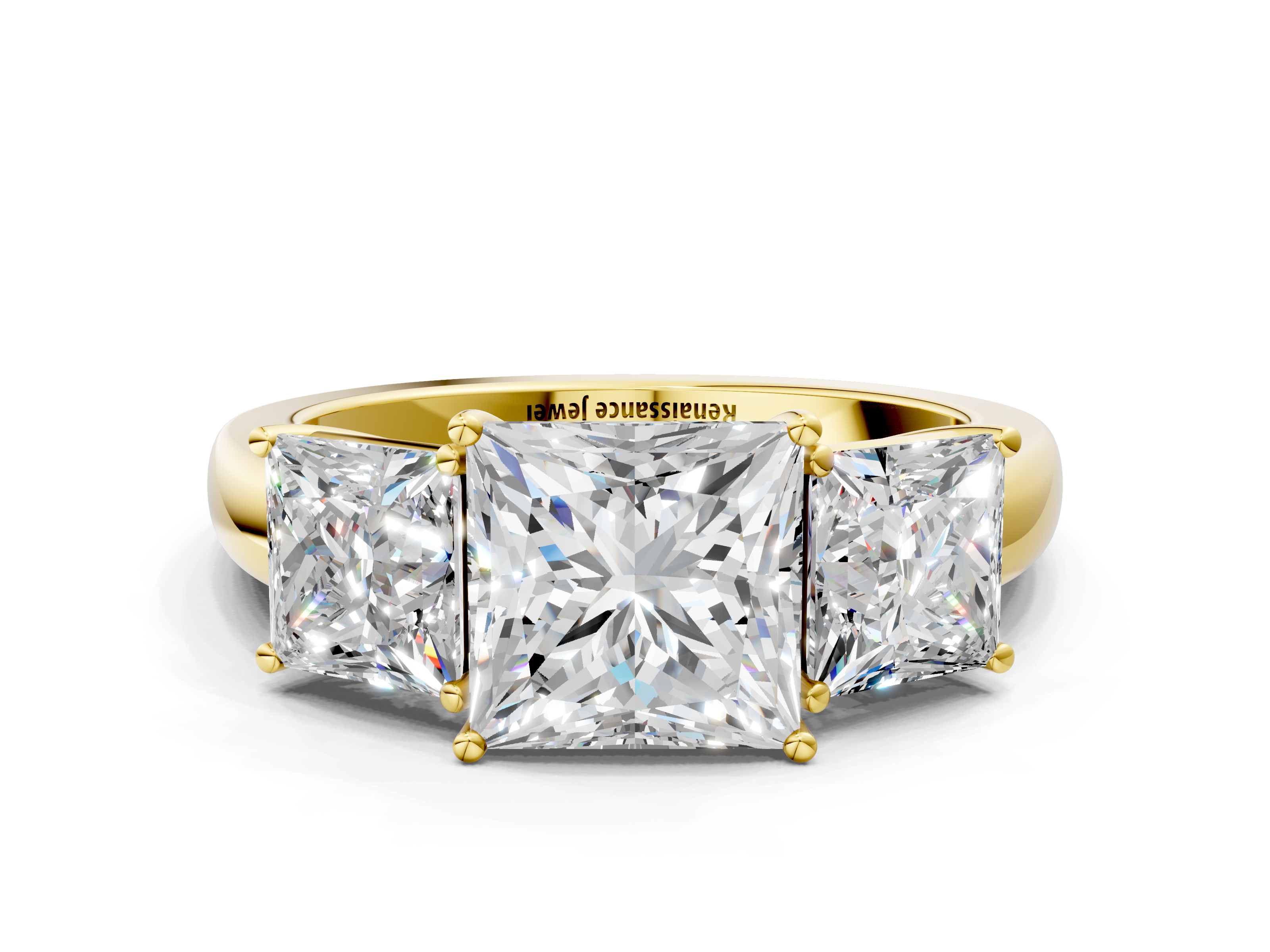 Yellow gold Three-Stone Princess Cut Diamond Ring with Channel-Set Band and Four-Prong Setting_14