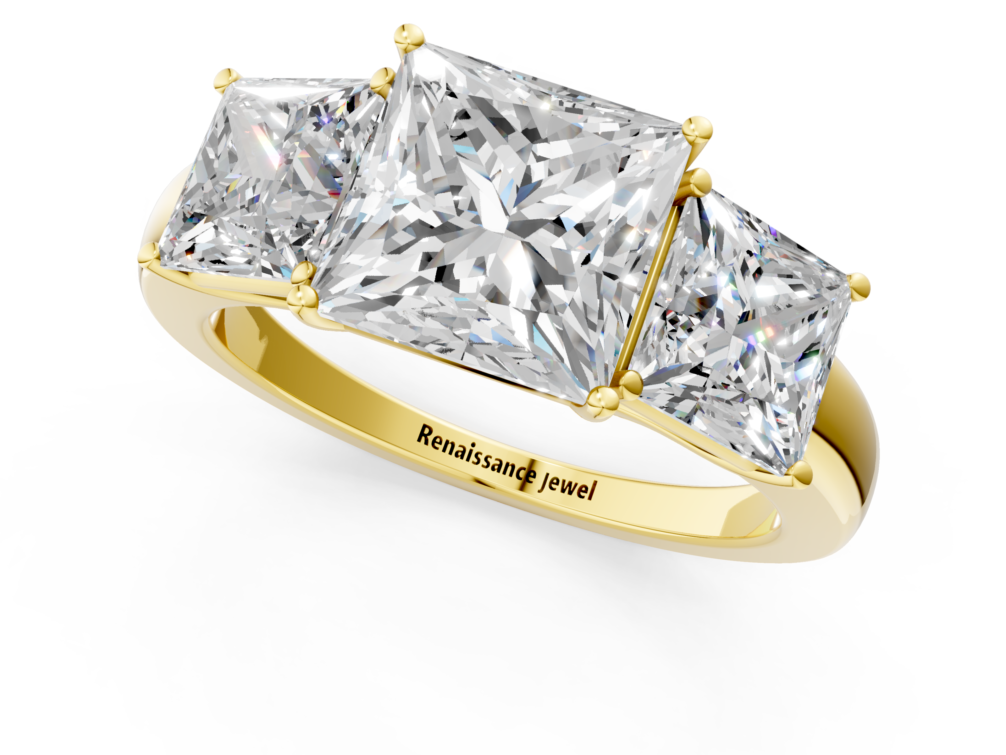 Yellow gold Three-Stone Princess Cut Diamond Ring with Channel-Set Band and Four-Prong Setting_15