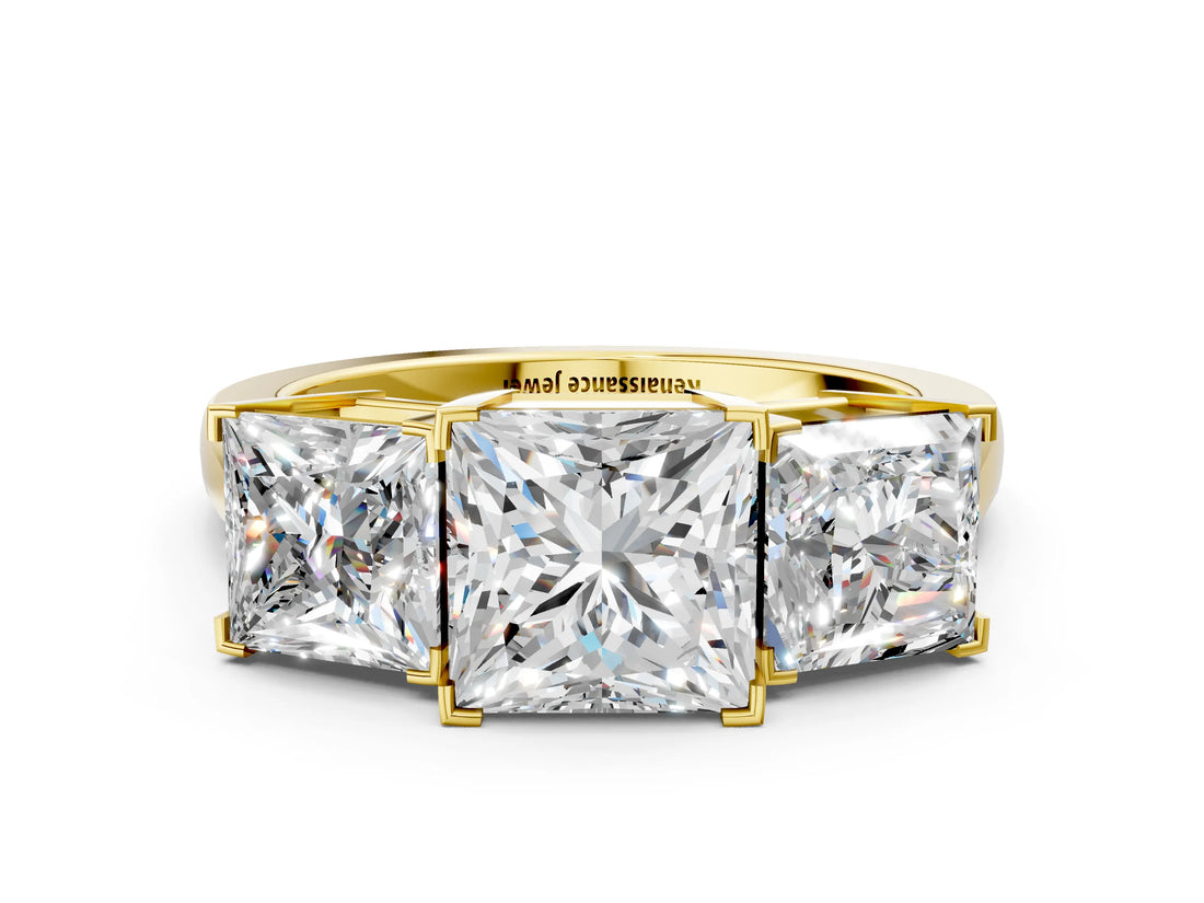 Yellow gold Three-Stone Princess Cut Diamond Ring with Channel Set Band and Four-Prong Setting_18