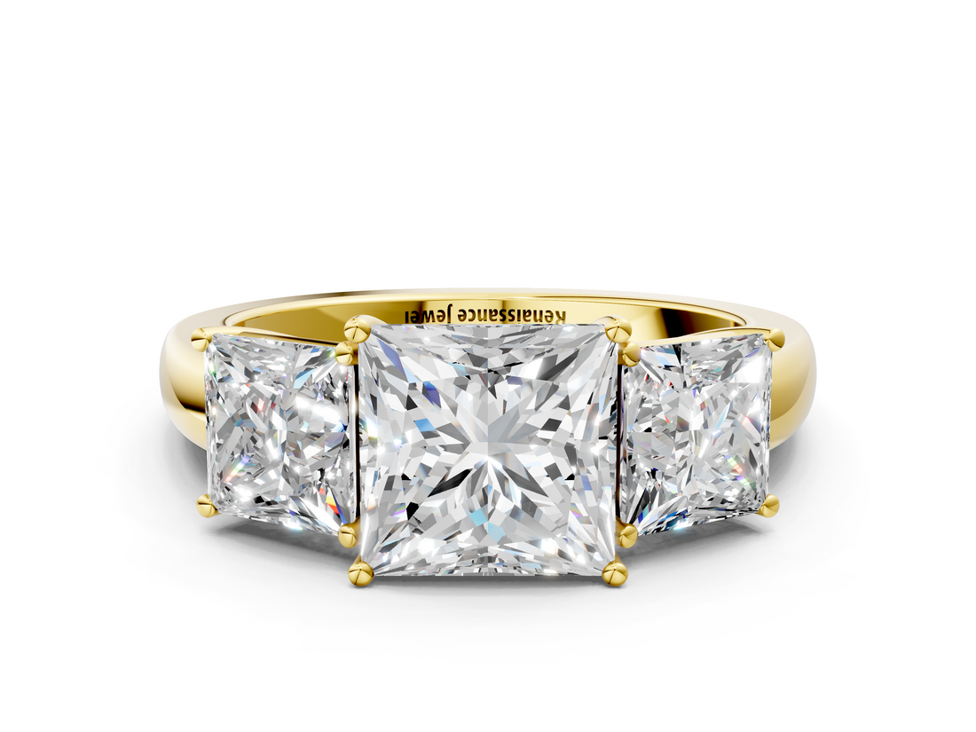 Yellow gold Three-Stone Princess Cut Diamond Ring with Channel-Set Band and Four-Prong Setting_31