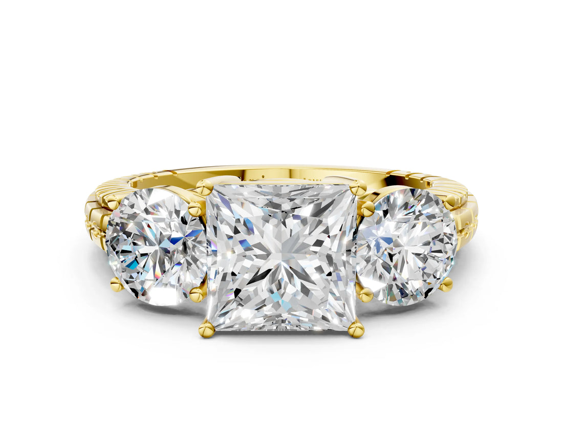Yellow gold Three-Stone Princess Cut Diamond Ring with Channel-Set Band and Prong Setting_6
