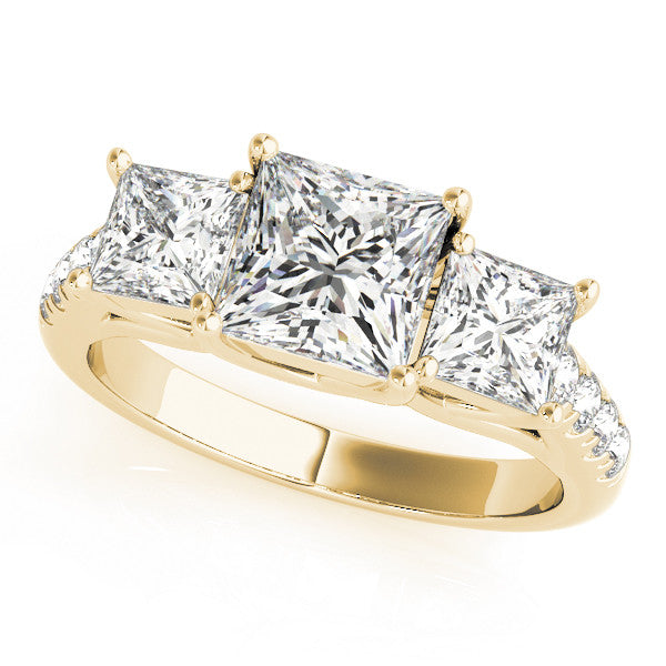 Yellow gold Three-Stone Princess Cut Diamond Ring with Pavé Band and Prong Setting