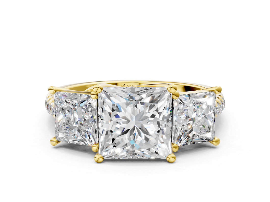 14K Yellow Gold Three-Stone 1.02 Carat D VS1 Princess Cut Diamond Ring with Pavé Band and Prong Setting