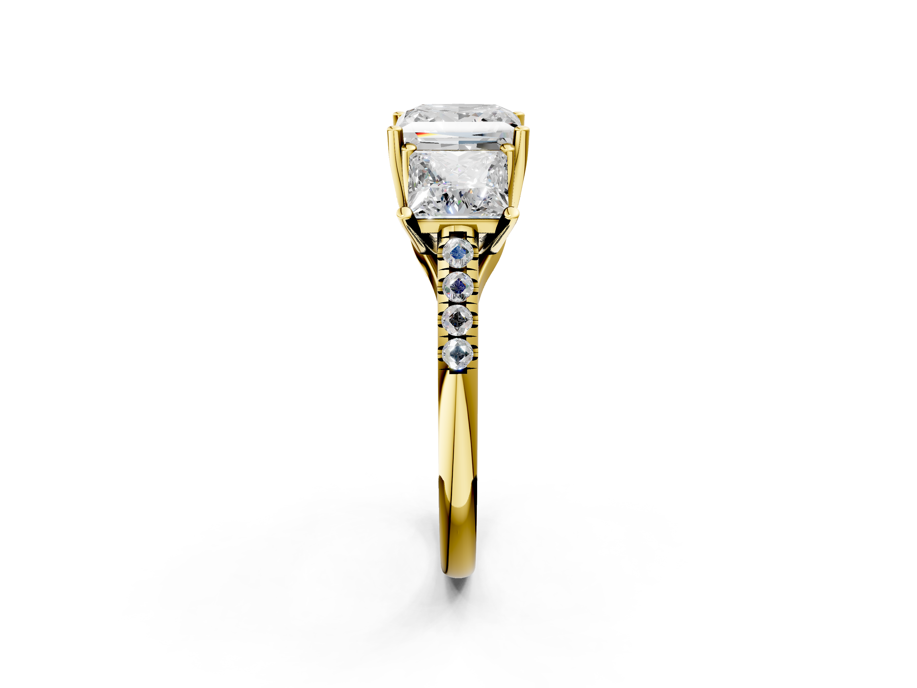 Yellow gold Three-Stone Princess Cut Diamond Ring with Pavé Band and Prong Setting_32