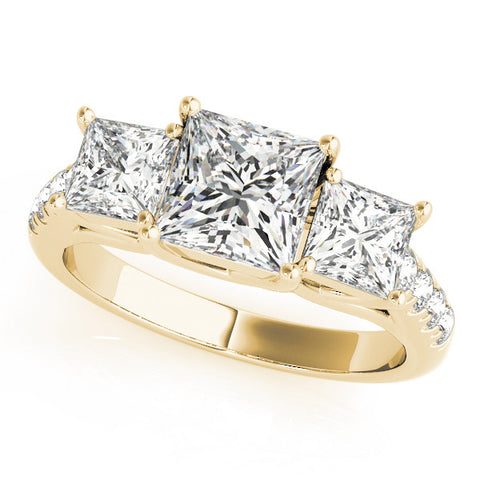 Yellow gold Three-Stone Princess Cut Diamond Ring with Pavé Band and Prong Setting