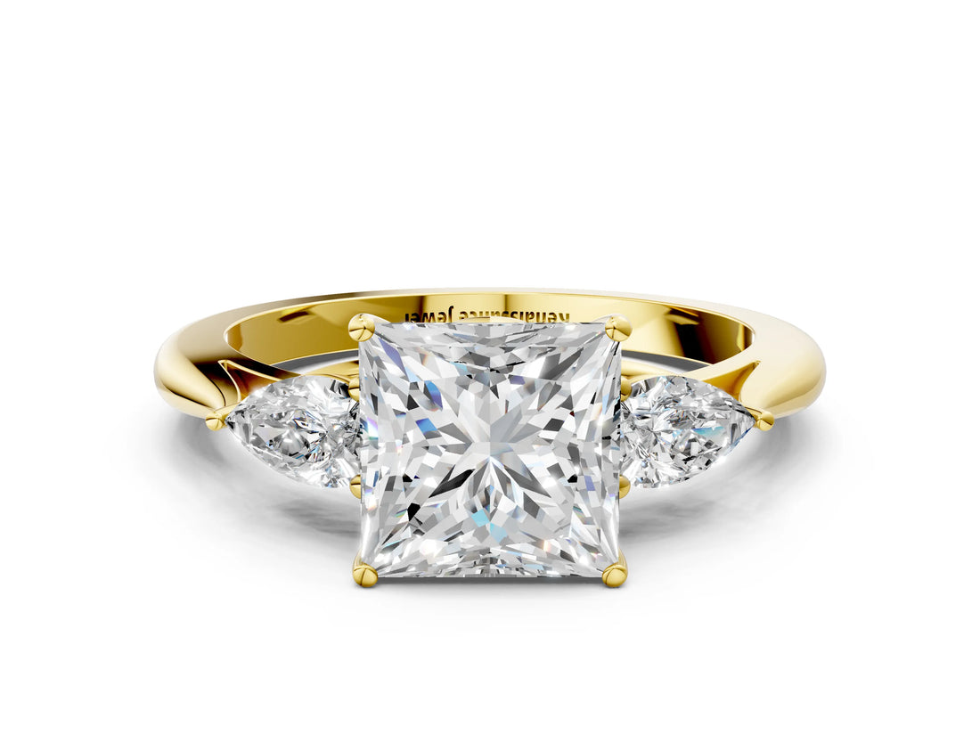 Yellow gold Three-Stone Princess Cut Diamond Ring with Pear  Side Stones in Four-Prong Setting_18