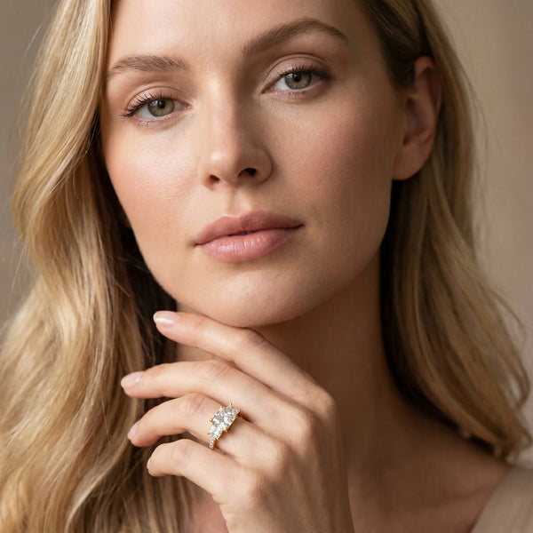 Yellow Gold Princess Cut Three Stone Engagement Ring Setting with Matching Side Stones