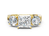 Yellow gold Three-Stone Princess Cut Diamond Ring with Round Side Stones, Classic Band, and Four-Prong Setting_7