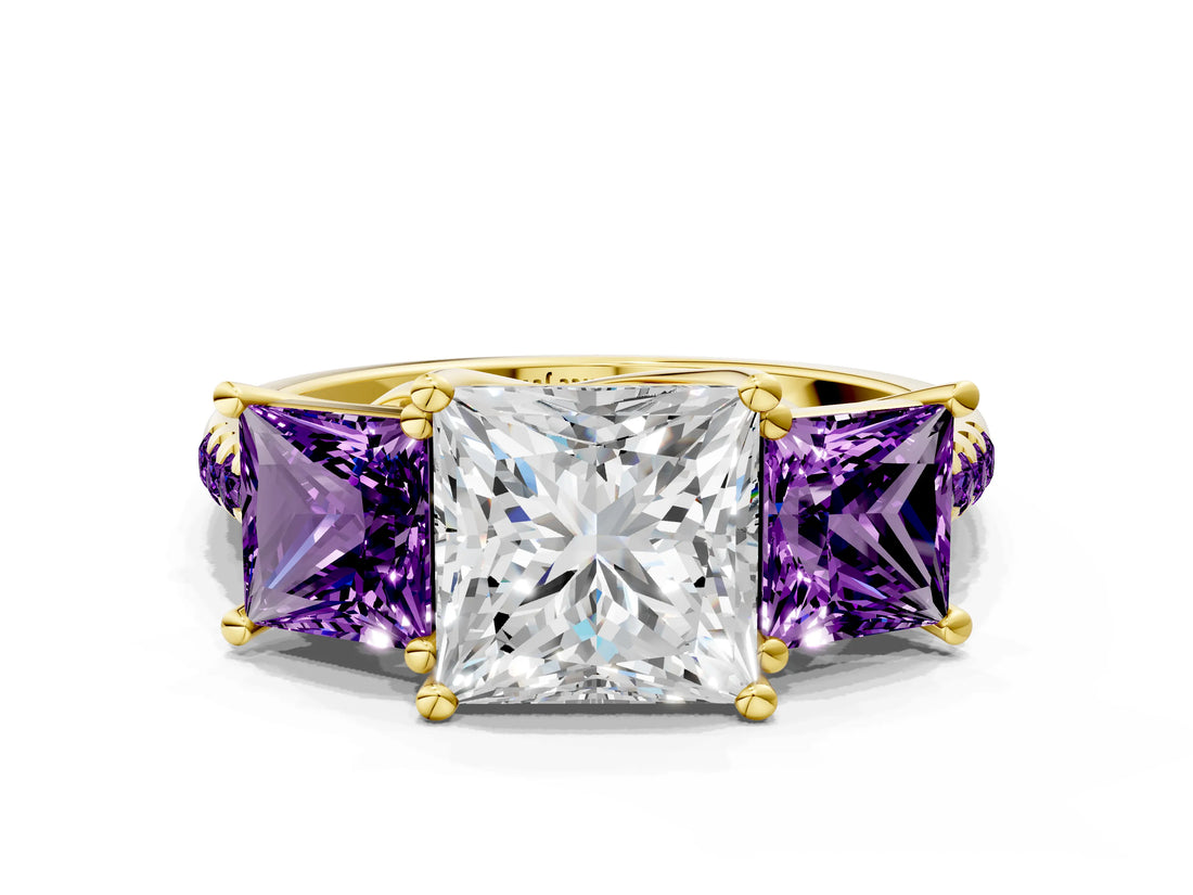 Yellow gold Three-Stone Princess Cut Diamond Ring with Round with Amethyst side stone Pavé Band and Prong Setting