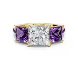 Yellow gold Three-Stone Princess Cut Diamond Ring with Round with Amethyst side stone Pavé Band and Prong Setting