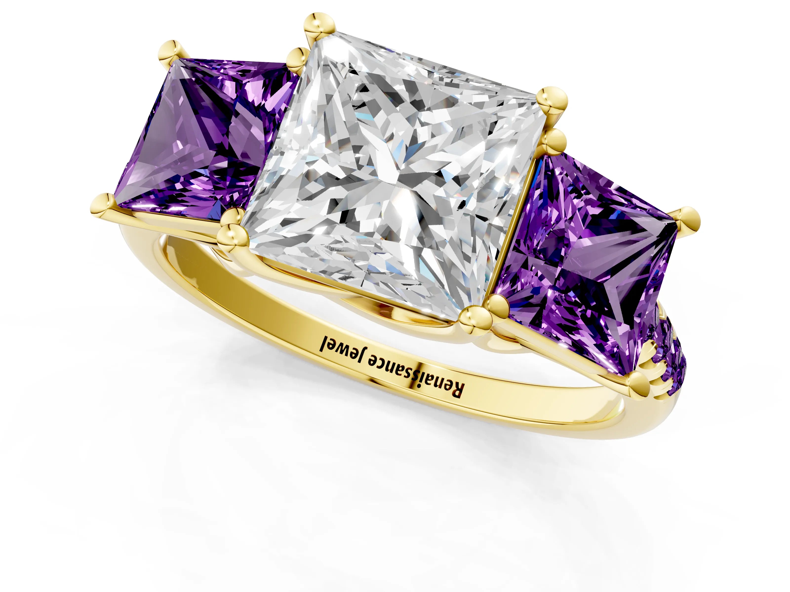 Yellow gold Three-Stone Princess Cut Diamond Ring with Round with Amethyst side stone Pavé Band and Prong Setting_1