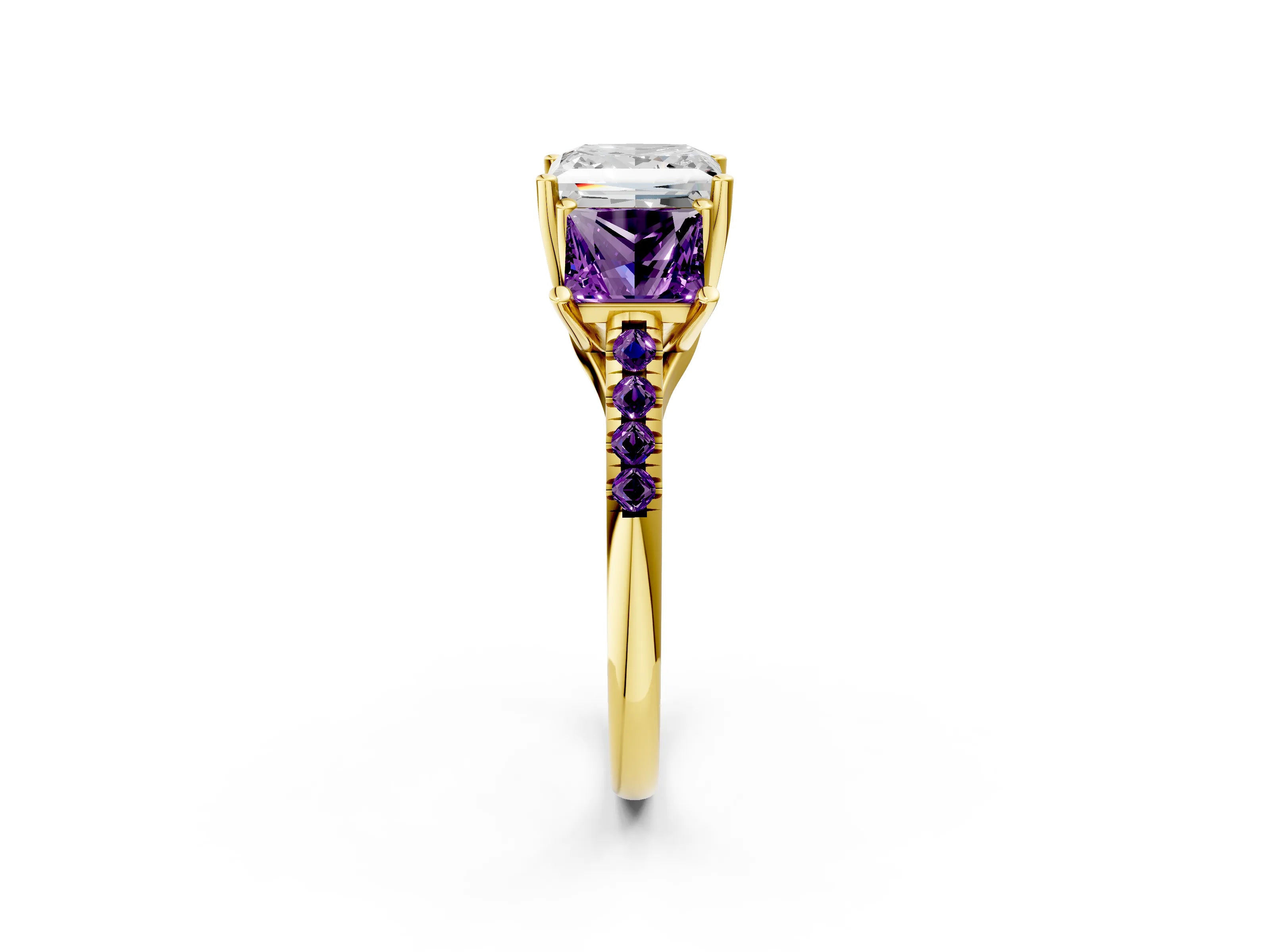 Yellow gold Three-Stone Princess Cut Diamond Ring with Round with Amethyst side stone Pavé Band and Prong Setting_2