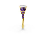 Yellow gold Three-Stone Princess Cut Diamond Ring with Round with Amethyst side stone Pavé Band and Prong Setting_2