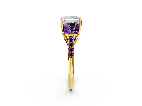 Yellow gold Three-Stone Princess Cut Diamond Ring with Round with Amethyst side stone Pavé Band and Prong Setting_2