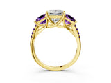 Yellow gold Three-Stone Princess Cut Diamond Ring with Round with Amethyst side stone Pavé Band and Prong Setting_3
