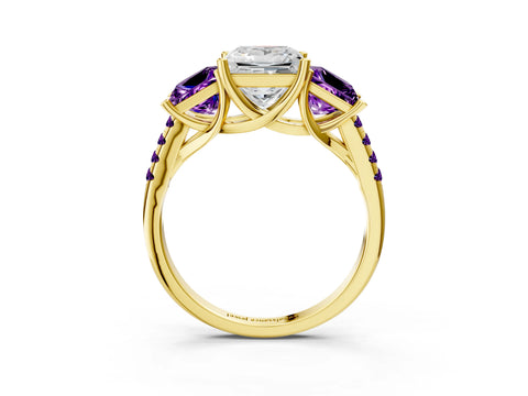 Yellow gold Three-Stone Princess Cut Diamond Ring with Round with Amethyst side stone Pavé Band and Prong Setting_3