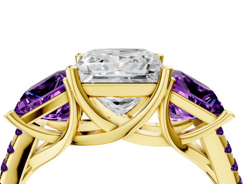 Yellow gold Three-Stone Princess Cut Diamond Ring with Round with Amethyst side stone Pavé Band and Prong Setting_4