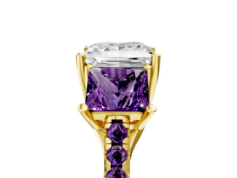 Yellow gold Three-Stone Princess Cut Diamond Ring with Round with Amethyst side stone Pavé Band and Prong Setting_5