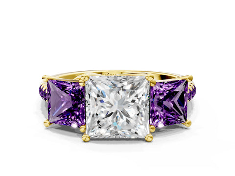 Yellow gold Three-Stone Princess Cut Diamond Ring with Round with Amethyst side stone Pavé Band and Prong Setting