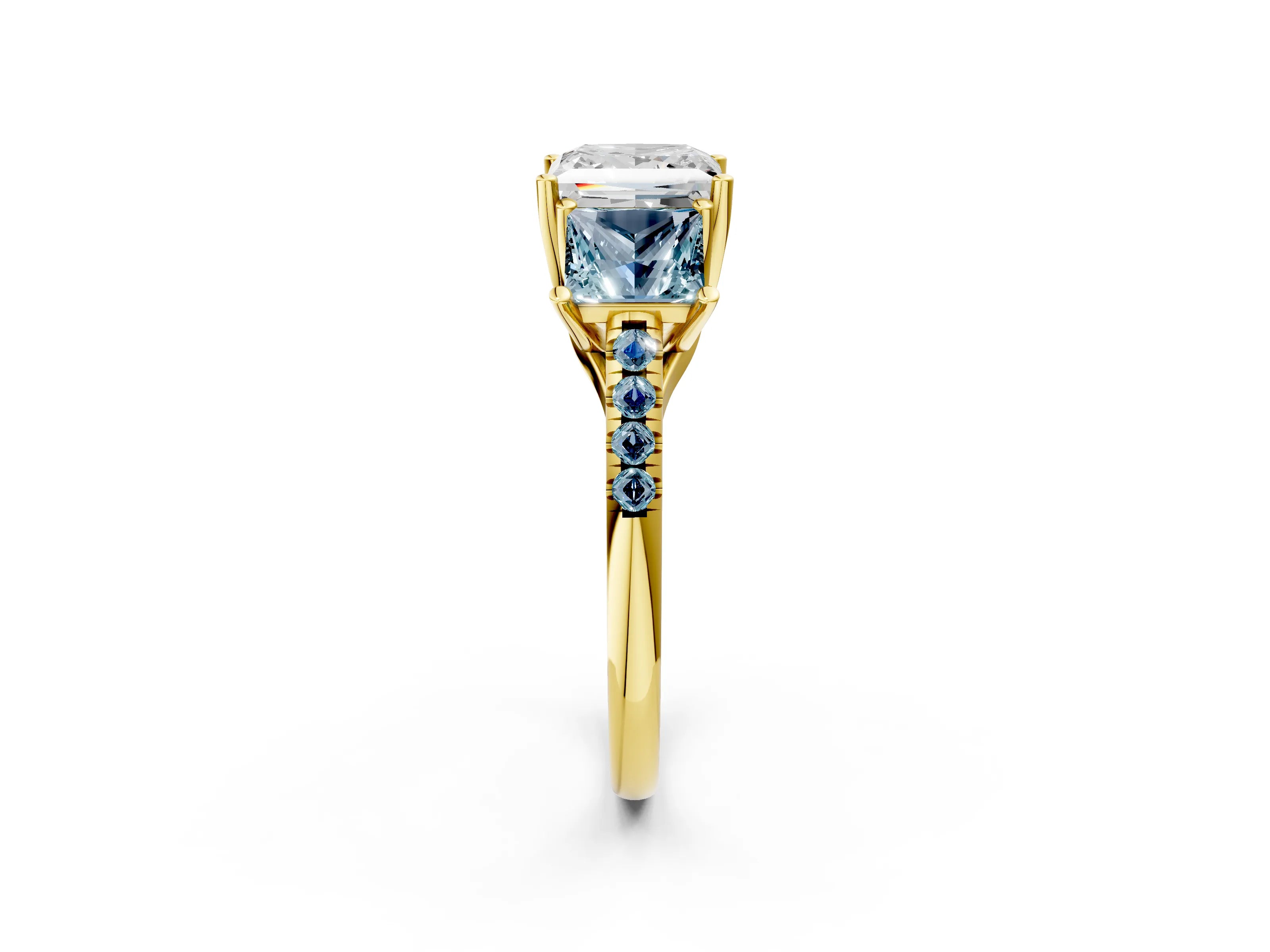 Yellow gold Three-Stone Princess Cut Diamond Ring with Round with Aquamarine side stone Pavé Band and Prong Setting_2