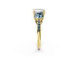Yellow gold Three-Stone Princess Cut Diamond Ring with Round with Aquamarine side stone Pavé Band and Prong Setting_2