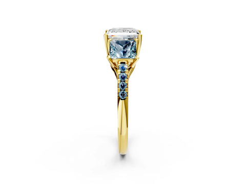 Yellow gold Three-Stone Princess Cut Diamond Ring with Round with Aquamarine side stone Pavé Band and Prong Setting_2