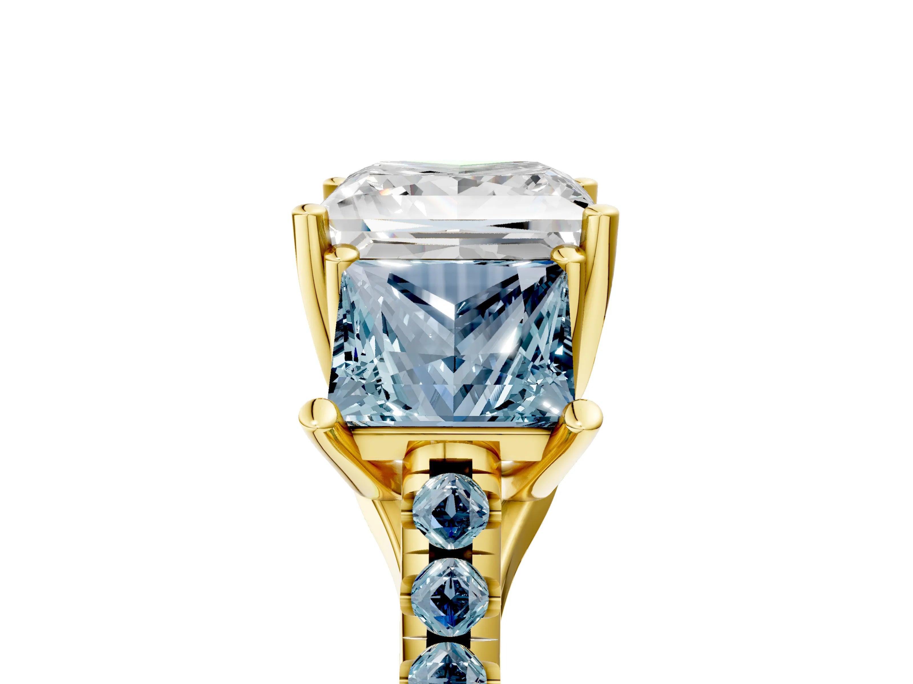 Yellow gold Three-Stone Princess Cut Diamond Ring with Round with Aquamarine side stone Pavé Band and Prong Setting_5