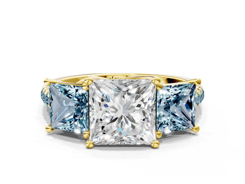 Yellow gold Three-Stone Princess Cut Diamond Ring with Round with Aquamarine side stone Pavé Band and Prong Setting