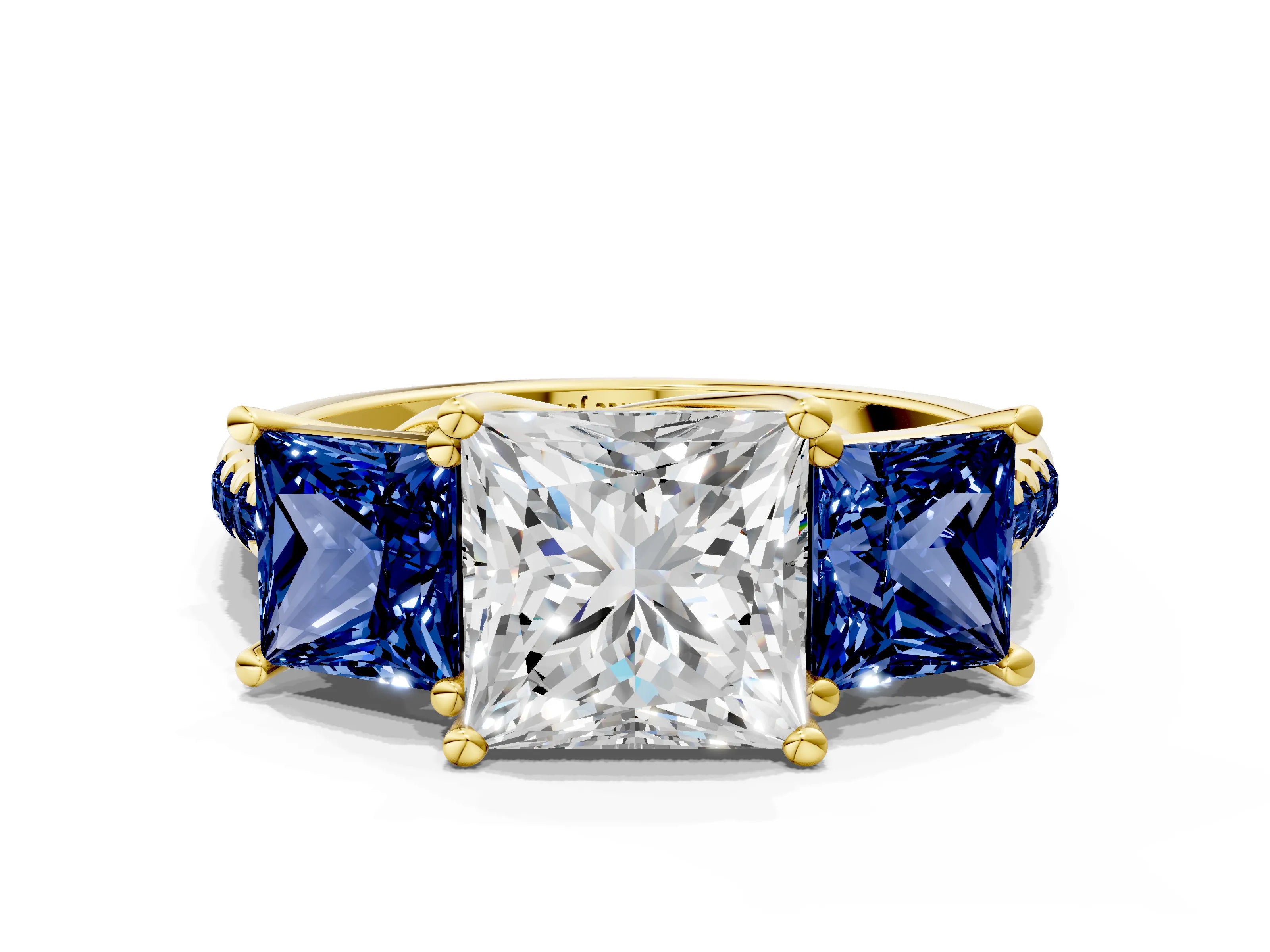 Yellow gold Three-Stone Princess Cut Diamond Ring with Round with Blue Sapphire side stone Pavé Band and Prong Setting