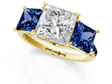 Yellow gold Three-Stone Princess Cut Diamond Ring with Round with Blue Sapphire side stone Pavé Band and Prong Setting_1
