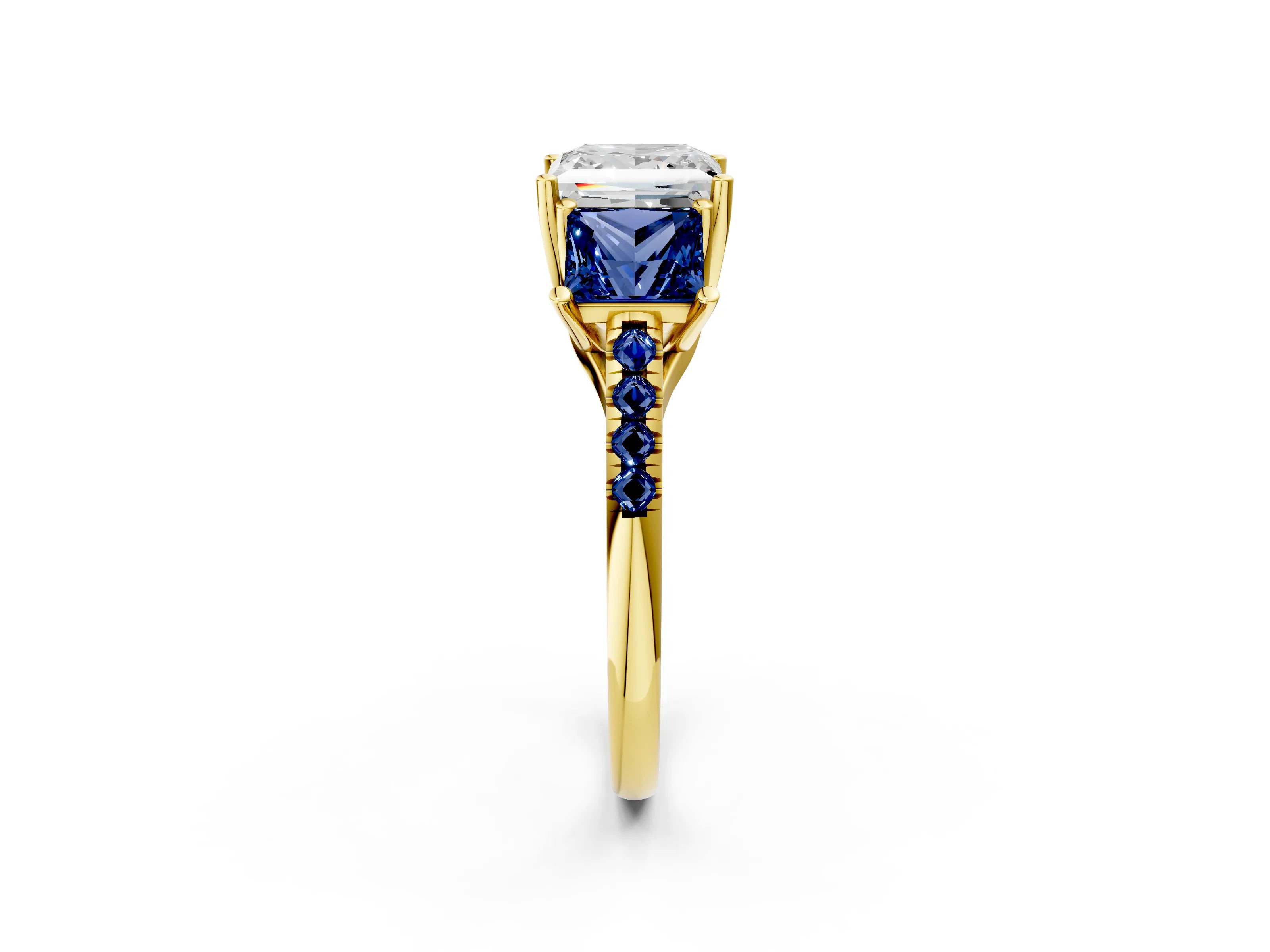 Yellow gold Three-Stone Princess Cut Diamond Ring with Round with Blue Sapphire side stone Pavé Band and Prong Setting_2
