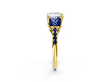 Yellow gold Three-Stone Princess Cut Diamond Ring with Round with Blue Sapphire side stone Pavé Band and Prong Setting_2