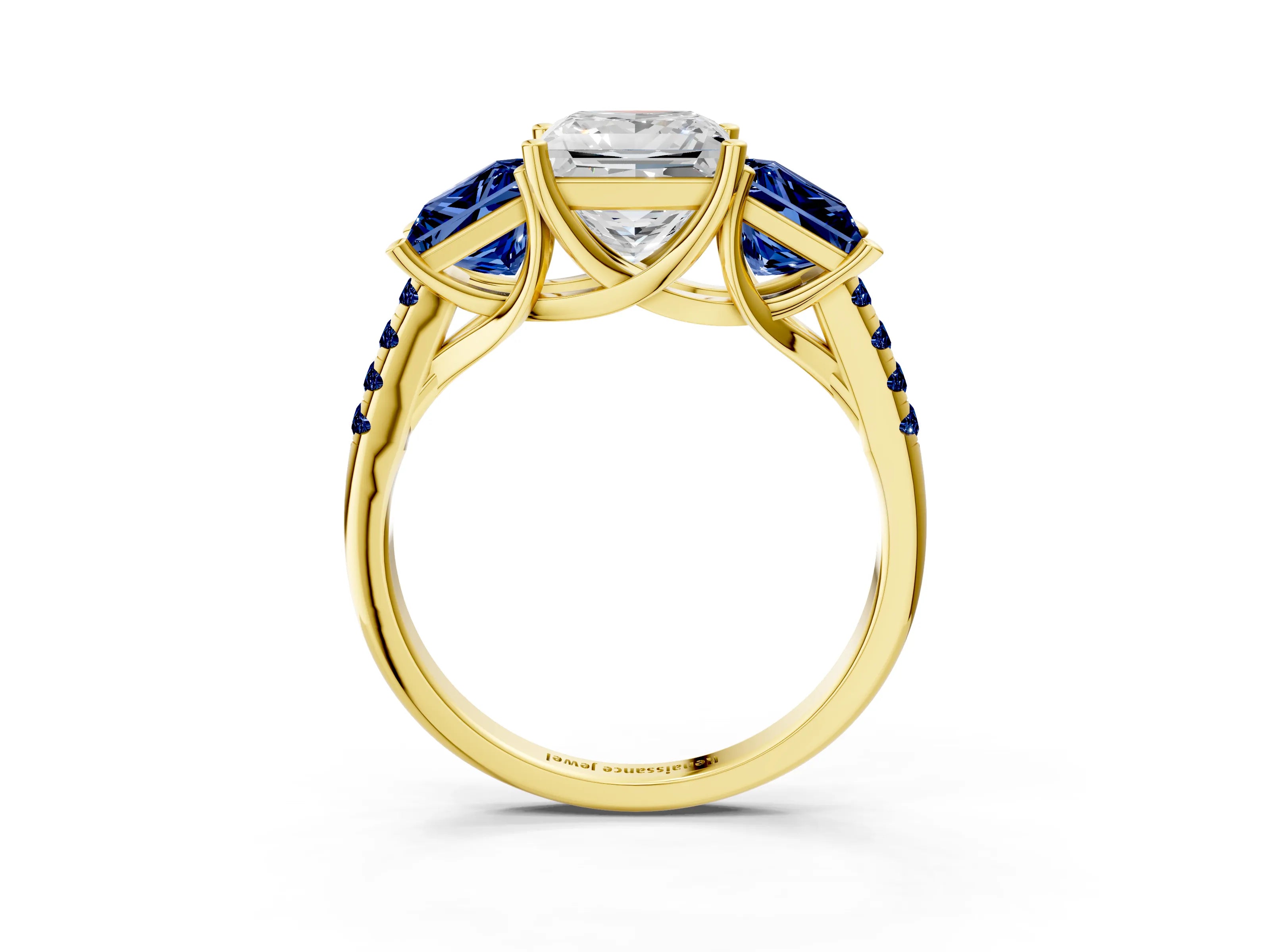 Yellow gold Three-Stone Princess Cut Diamond Ring with Round with Blue Sapphire side stone Pavé Band and Prong Setting_3