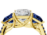Yellow gold Three-Stone Princess Cut Diamond Ring with Round with Blue Sapphire side stone Pavé Band and Prong Setting_4