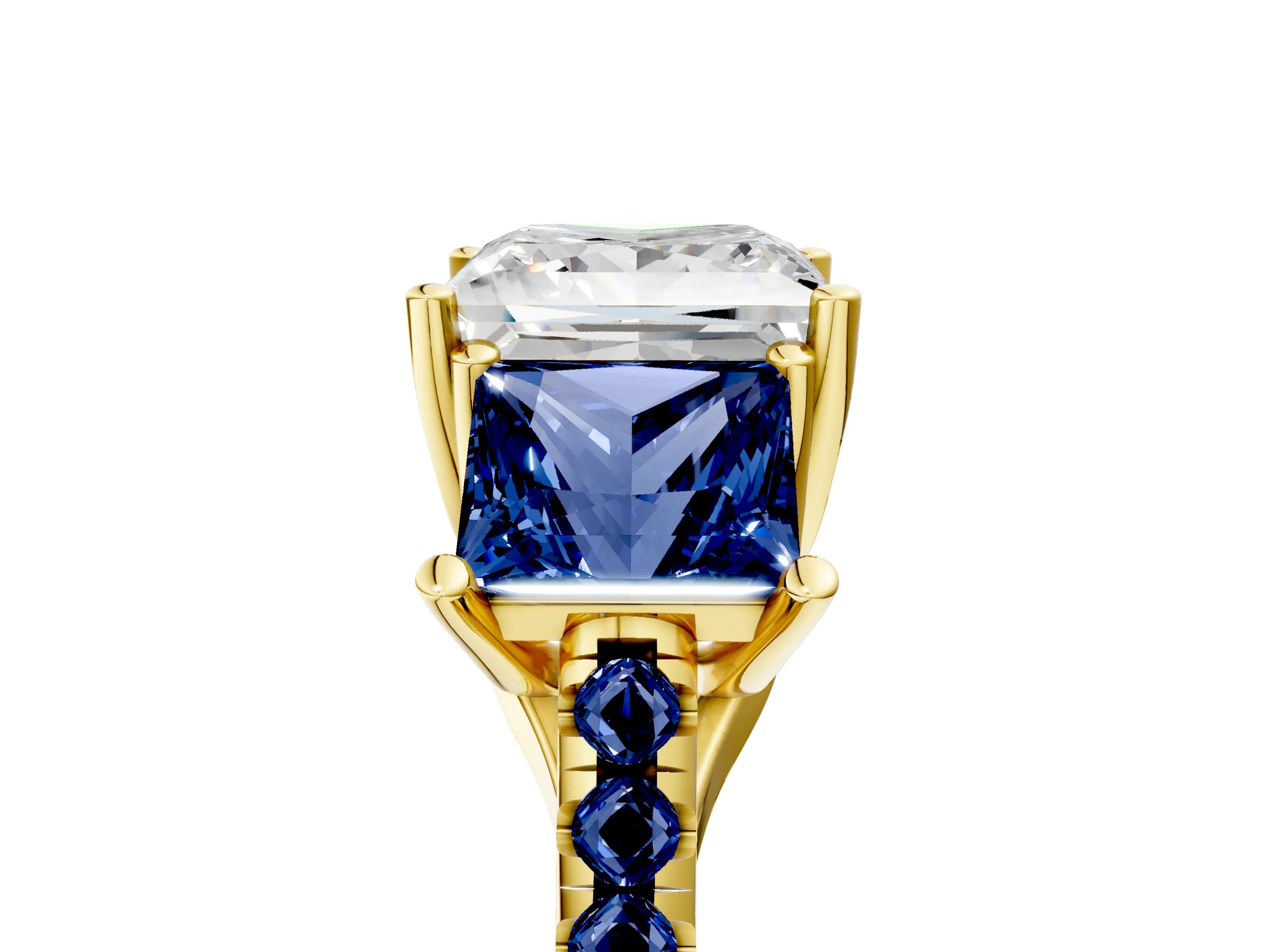 Yellow gold Three-Stone Princess Cut Diamond Ring with Round with Blue Sapphire side stone Pavé Band and Prong Setting_5