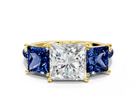 Yellow gold Three-Stone Princess Cut Diamond Ring with Round with Blue Sapphire side stone Pavé Band and Prong Setting