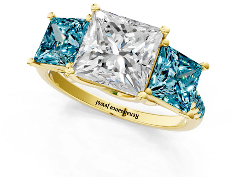 Yellow gold Three-Stone Princess Cut Diamond Ring with Round with Blue Topaz side stone Pavé Band and Prong Setting_1