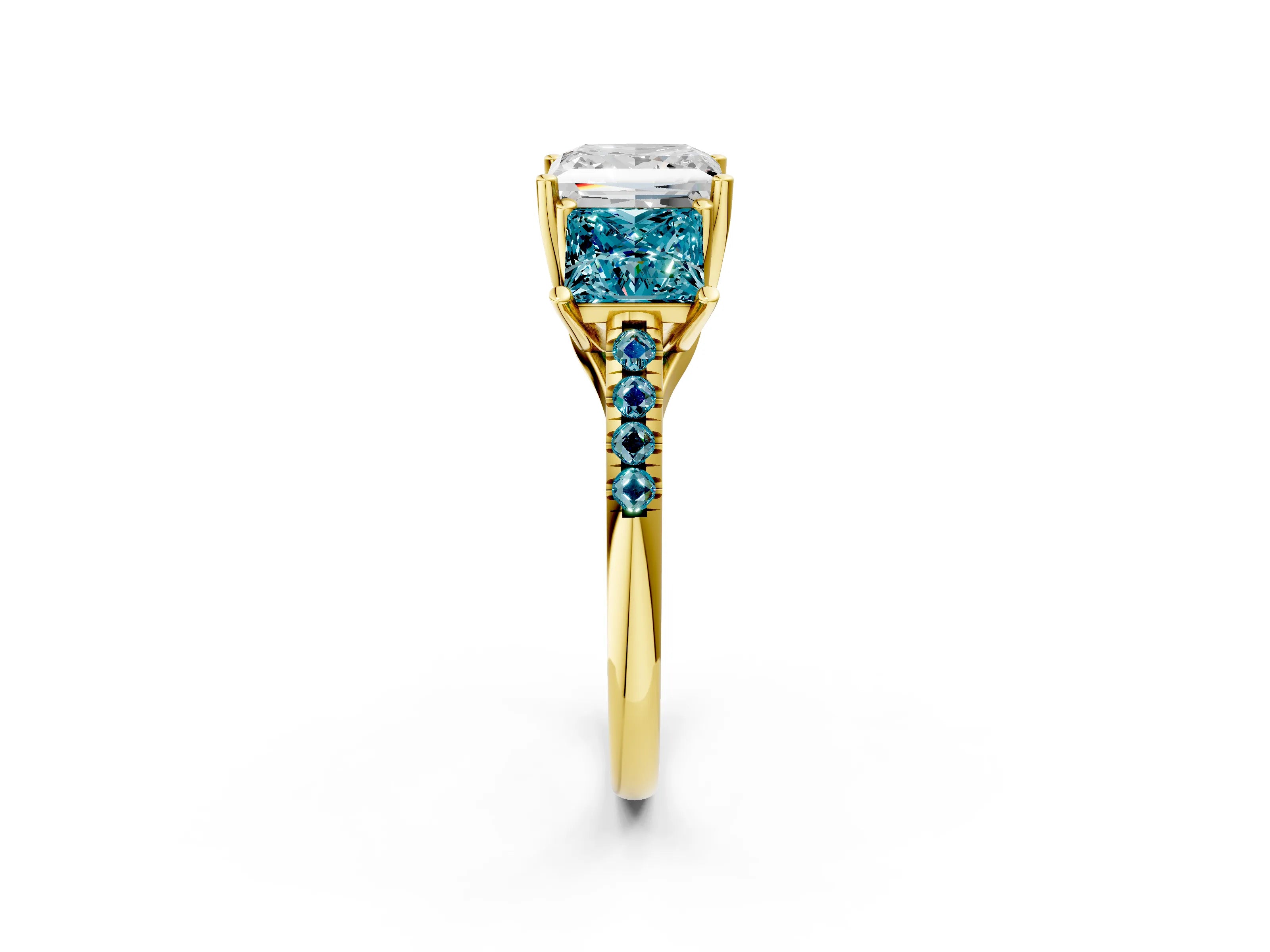 Yellow gold Three-Stone Princess Cut Diamond Ring with Round with Blue Topaz side stone Pavé Band and Prong Setting_2