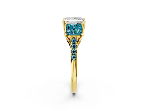 Yellow gold Three-Stone Princess Cut Diamond Ring with Round with Blue Topaz side stone Pavé Band and Prong Setting_2