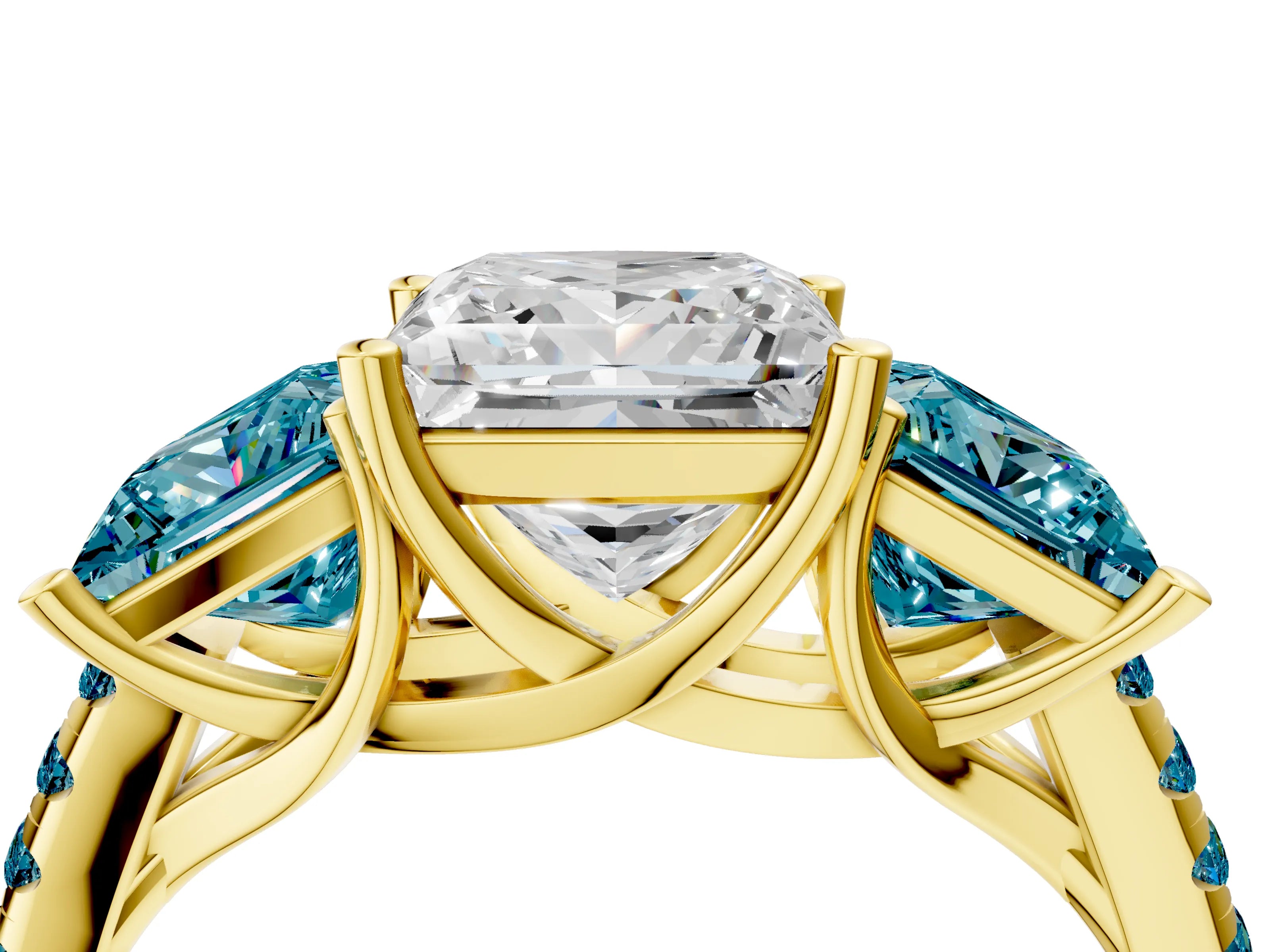 Yellow gold Three-Stone Princess Cut Diamond Ring with Round with Blue Topaz side stone Pavé Band and Prong Setting_4