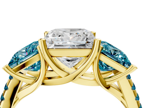 Yellow gold Three-Stone Princess Cut Diamond Ring with Round with Blue Topaz side stone Pavé Band and Prong Setting_4