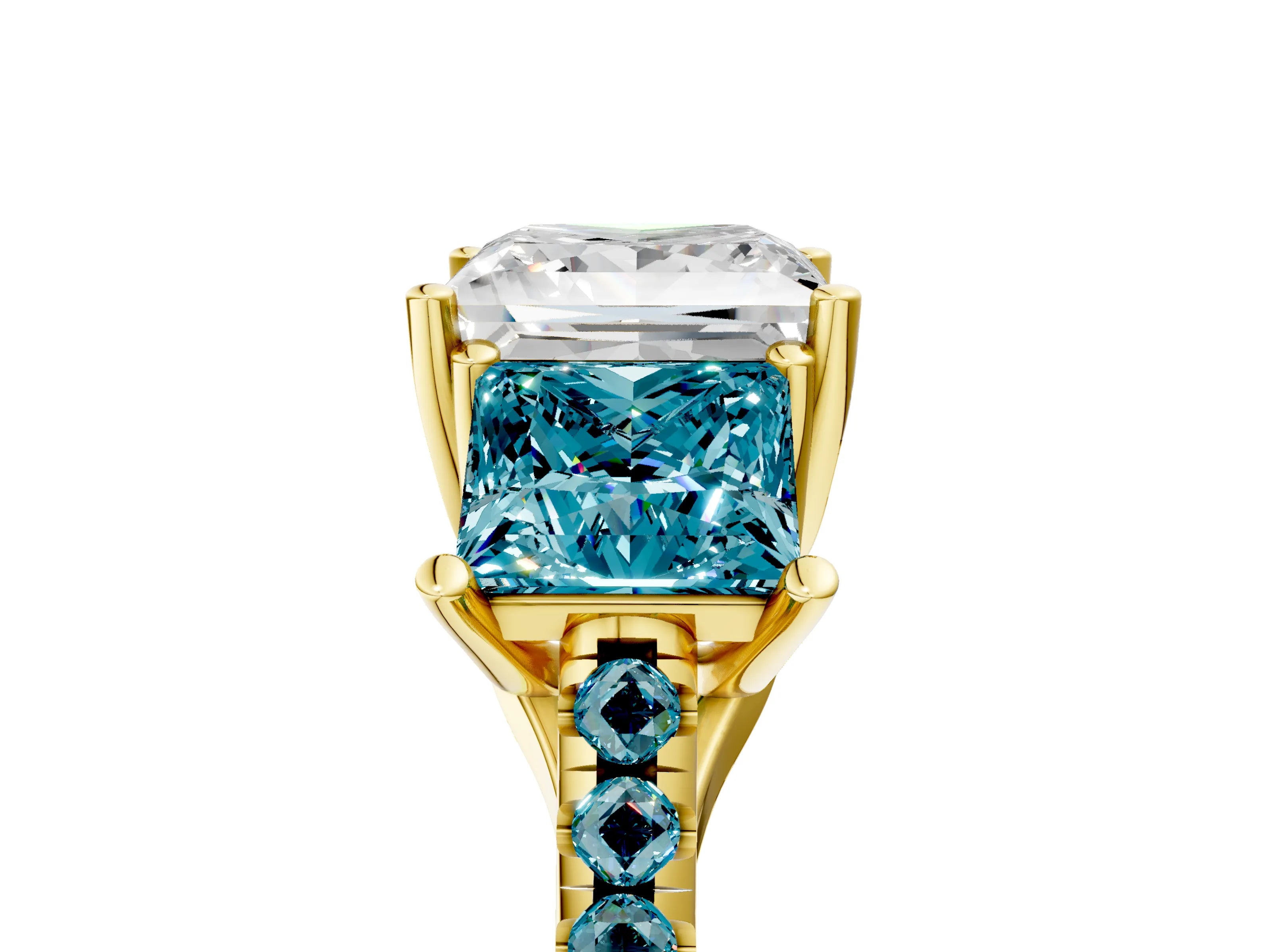 Yellow gold Three-Stone Princess Cut Diamond Ring with Round with Blue Topaz side stone Pavé Band and Prong Setting_5